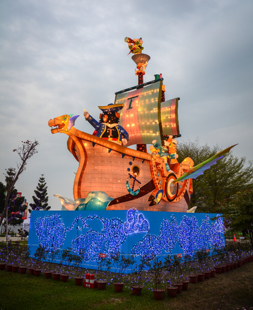 Taichung, Taiwan - Mar 15, 2015. A paper ship lantern at the festival in Taichung, Taiwan. Lantern festival is one of the most important folk culture events in Taiwan.のeditorial素材