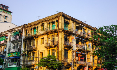 Yangon, Myanmar - Feb 13, 2017. Old brick building located at downtown in Yangon, Myanmar. Yangon has the highest number of colonial era buildings of all South East Asia.のeditorial素材