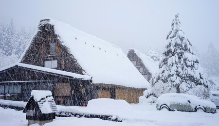 Gifu, Japan - Jan 31, 2015. Traditional houses at the Shirakawa-go village in Gifu, Japan. Shirakawa is a leading area of heavy snowfall in the world.のeditorial素材