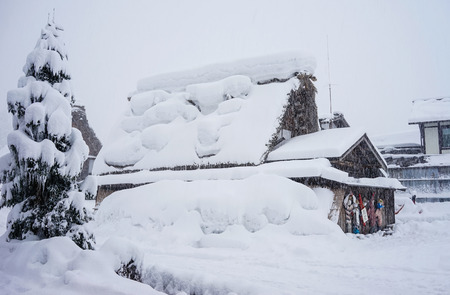 Gifu, Japan - Jan 31, 2015.  Shirakawa-go village with snowfall in Gifu, Japan. The Historic Villages of Shirakawa-go and Gokayama are designated UNESCO World Heritage sites.のeditorial素材