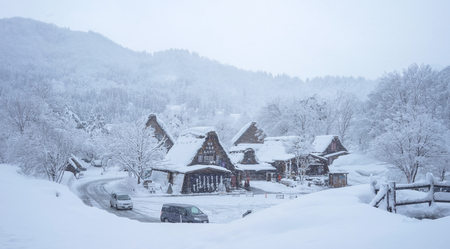 Gifu, Japan - Jan 31, 2015. View of Shirakawa-go Historic Village in Gifu, Japan. The village area is 95.7% mountainous forests, and its steep places are characteristic.のeditorial素材