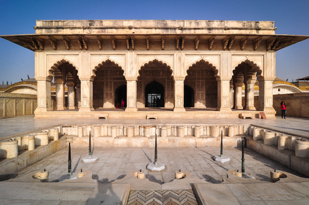 Agra, India - Mar 9, 2012. The mable palace at Ancient Fort in Agra, India. The Fort was designed & built by the great Mughal ruler, Akbar, in about 1565 A.D.のeditorial素材