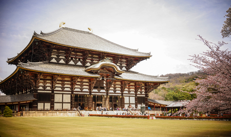 Nara, Japan - Apr 3, 2014. View of Todai-ji Temple at cherry blossom in Nara, Japan. Nara is a spectacularly picturesque city which is second only to Kyoto.のeditorial素材