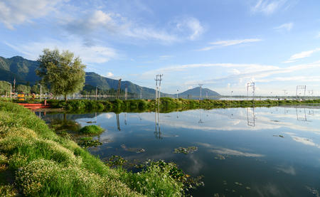 Landscape of Dal Lake in Srinagar, India. Srinagar, the summer capital of Jammu & Kashmir, is as beautiful as it is politically unstable.の写真素材