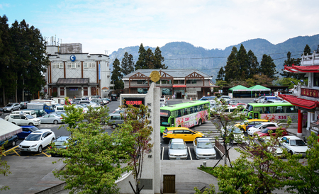 Chiayi, Taiwan - Mar 14, 2015. Parking lot at Alishan township in Chiayi, Taiwan. Alishan, Mount Ali, is Taiwan most-visited national park since the 1920s.のeditorial素材