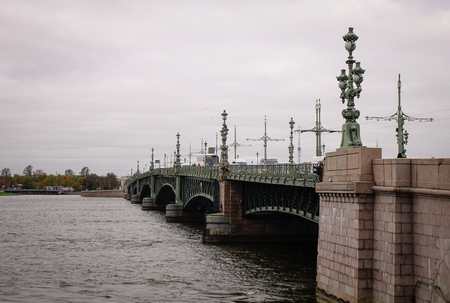Saint Petersburg, Russia - Oct 10, 2016. View of Palace Bridge with Neva River in Saint Petersburg, Russia. Much of St. Petersburg architecture is Baroque and neoclassical.のeditorial素材