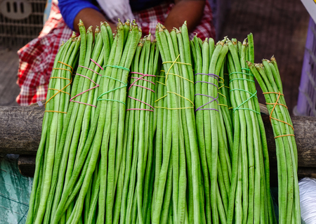 Close-up of long bean at the local market in Asia.