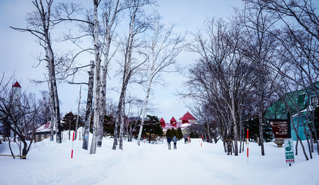 Yoichi, Japan - Feb 4, 2015. People walking on the snow road at park in Yoichi, Hokkaido, Japan. Yoichi is the home of the Yoichi distillery owned by Nikka Whisky Distilling.のeditorial素材