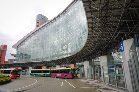 Kanazawa, Japan - Dec 1, 2016. Buses parking at the Central Station in Kanazawa, Japan. Kanazawa Station is one of the world most beautiful train stations.のeditorial素材