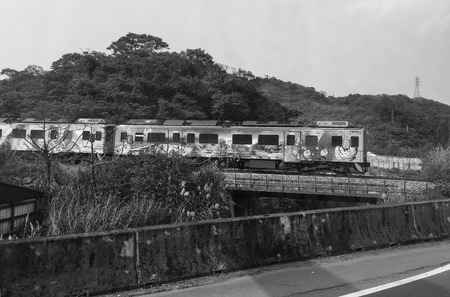 Ruifang, Taiwan - Mar 19, 2015. Old train at Jiufen Ancient Town in Ruifang, Taiwan. Jiufen is a mountain town in northeastern Taiwan, east of Taipei.のeditorial素材