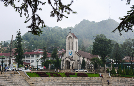 Sapa, Vietnam - May 30, 2016. Stone Church at downtown in Sapa, Vietnam. Sapa is a beautiful, mountainous town in northern Vietnam along the border with China.のeditorial素材