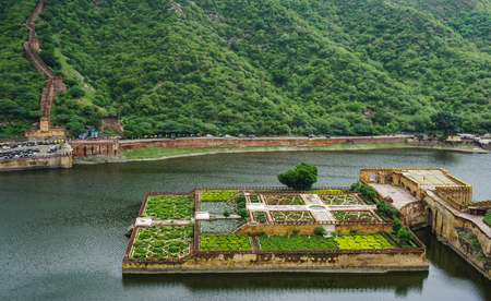 Garden with the lake at Amer Fort in Jaipur, India. Amber Fort is located Amer is placed at a distance of 11 km from Jaipur city.の写真素材
