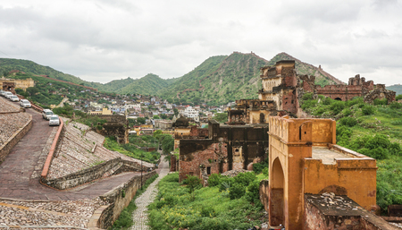 Jaipur, India - Jul 28, 2015. Amer Fort in Jaipur, India. This magnificent fort comprises an extensive palace complex, built from pale yellow and pink sandstoneのeditorial素材