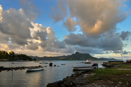 Mahebourg, Mauritius - Jan 3, 2017. Seascape at sunset in Mahebourg, Mauritius. Mahebourg is a small city on the south-eastern coast of Mauritius.のeditorial素材
