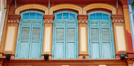 Blue doors at the old building in Chinatown, Singapore. Chinatown has had a historically concentrated ethnic Chinese population.の写真素材
