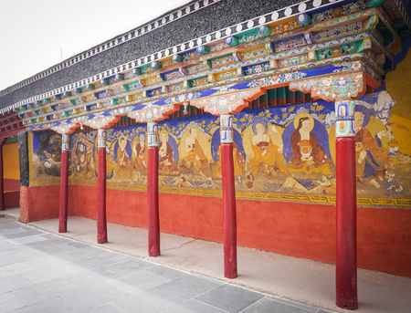 Decorations of an ancient Tibetan Buddhist temple in Ladakh, northern India.の写真素材
