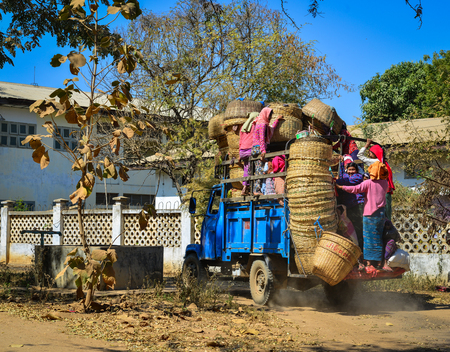 Bagan, Myanmar - Feb 5, 2017. A small truck runs on the rural road in Bagan, Myanmar. Bagan is an ancient city in central Myanmar (formerly Burma), southwest of Mandalay.のeditorial素材