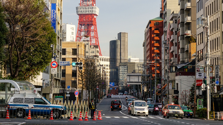 Tokyo, Japan - Jan 3, 2016. Cars run on street at Taito District in Tokyo, Japan. Tokyo urban area 38 million people had a total GDP of 2 trillion USD in 2012.のeditorial素材