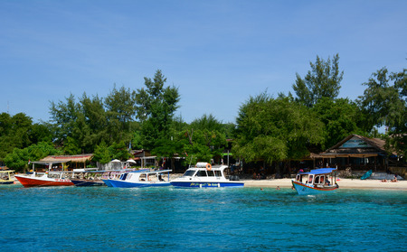 Lombok, Indonesia - Apr 18, 2016. Tourist jetty in Gili Islands, Indonesia. Gili Islands are an archipelago just off the northwest coast of Lombok, Indonesia.のeditorial素材