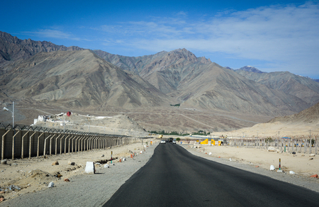 Ladakh, India - Jul 16, 2015. View of National Road in Ladakh, India. Ladakh is the highest plateau in the state of Jammu & Kashmir with much of it being over 3,000m.のeditorial素材