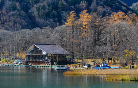 Nikko, Japan - Nov 4, 2014. A lake view restaurant at sunny day in Nikko, Japan. Nikko is a popular destination for Japanese and international tourists.のeditorial素材