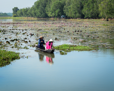 Mekong Delta, Vietnam - Feb 4, 2016. People rowing a wooden boat on the reflection lake in Mekong Delta, Vietnam.のeditorial素材