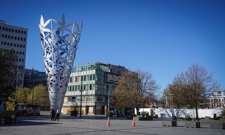 Christchurch, New Zealand - May 2, 2015. Cathedral Square at sunny day in Christchurch, New Zealand. Christchurch Cathedral ruins built between 1864 and 1904 in Cathedral Square.のeditorial素材