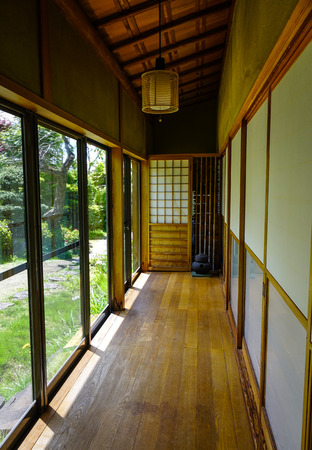 Akita, Japan - Mar 17, 2017. Wooden lobby at a traditional house with garden in Akita, Japan. Akita is a prefecture of Japan located in the Tohoku region of northern Honshu.