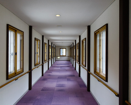 Lobby of modern hotel with purple carpet at sunny dayのeditorial素材