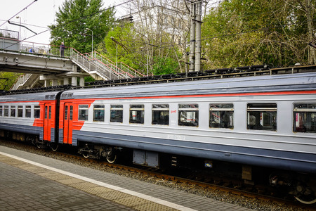 Moscow, Russia - Oct 3, 2016. A train stopping at station in Moscow, Russia. Russian Railways, the national rail carrier, is one of the world largest transport companies.のeditorial素材