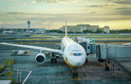 Manila, Philippines - Apr 14, 2017. An aircraft docking at Terminal 3 of Ninoy Aquino Airport (NAIA) in Manila, Philippines. NAIA is the main intl gateway for travelers to the Philippines.のeditorial素材