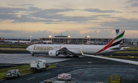 Manila, Philippines - Apr 14, 2017. An Emirates aircraft at Terminal 3 of Ninoy Aquino Airport (NAIA) in Manila, Philippines. NAIA is the main intl gateway for travelers to the Philippines.のeditorial素材
