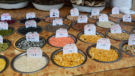 Dried fruits and nuts at market in Old Delhi, India. Delhi is said to be one of the oldest existing cities in the world, along with Jerusalem and Varanasi.のeditorial素材