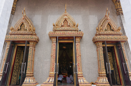 Bangkok, Thailand - Jul 30, 2015. Main Hall of a Buddhist temple in Bangkok, Thailand. Buddhist temples in Thailand are characterized by tall golden stupas.のeditorial素材