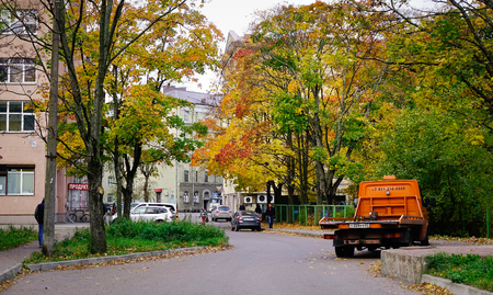 Vyborg, Russia - Oct 6, 2016. People and vehicles on street at downtown in Vyborg, Russia. Vyborg is 174km northwest of Saint Petersburg and just 30km from the Finnish border.のeditorial素材