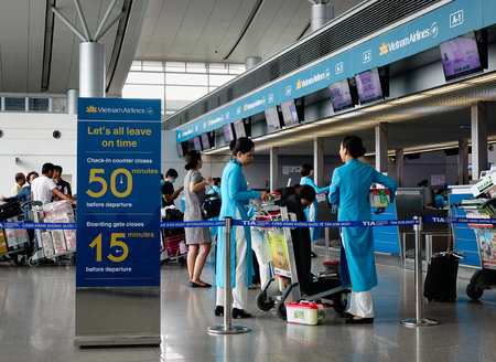 Saigon, Vietnam - Oct 2, 2016. Vietnam Airlines Counters at Tan Son Nhat Airport in Saigon (Ho Chi...