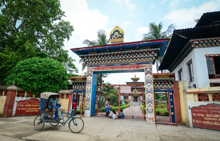 Bodh Gaya, India - Jul 9, 2015. Gate of Royal Bhutanese Monastery in Bodhgaya, India. Bodh Gaya has temples or monasteries from many other nations with a Buddhist tradition.のeditorial素材