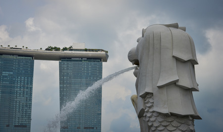 Singapore - Jun 13, 2017. Close-up of the Merlion at sunny day in Singapore. Singapore is one of the...