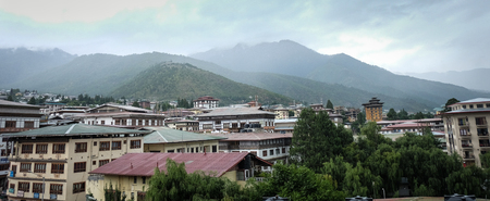 Thimphu, Bhutan - Aug 29, 2015. Mountain town in Thimphu, Bhutan. In South Asia, Bhutan ranks first in economic freedom, ease of doing business, and peace.のeditorial素材