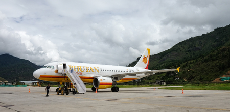 Thimphu, Bhutan - Sep 4, 2015. An aircraft docking at Paro Airport in Thimphu, Bhutan. Thimphu is the capital and largest and only city of the Kingdom of Bhutan.のeditorial素材