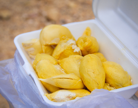 Selling durian fruits at market in Cambodia. Durian is tropical fruit so delicious sweet and good smell.の写真素材