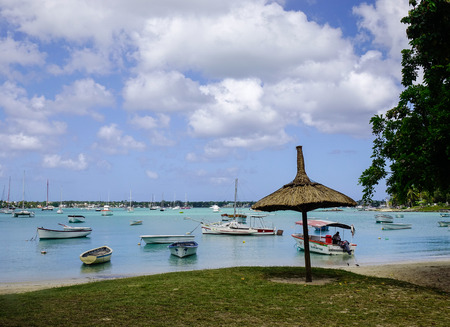 Grand Baie, Mauritius - Jan 11, 2017. Seascape of Mauritius Island. Mauritius, an Indian Ocean island nation, is known for its beaches lagoons and reefs.のeditorial素材
