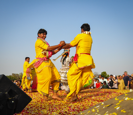 Pushkar, India - Mar 3, 2012. Dancers at folk show during a traditional festival in Pushkar, India. Pushkar is a town in the Ajmer district in the Indian state of Rajasthan.のeditorial素材