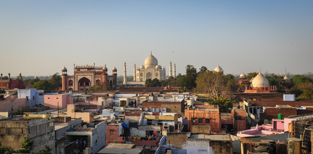 Agra, India - Mar 10, 2012. Aerial view of Taj Mahal and Agra city in India. Agra is one of the most populous cities in Uttar Pradesh, and the 24th most populous in India.のeditorial素材