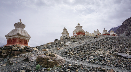Stupas of Buddhist temple in Ladakh, India. Ladakh is the highest plateau in the state of Jammu & Kashmir with much of it being over 3000m.の写真素材