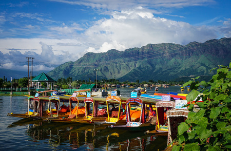 Srinagar, India - Jul 23, 2015. Traditional boats docking on Dal Lake in Srinagar, India. Srinagar, the summer capital of Jammu & Kashmir, is as beautiful as it is politically unstable.のeditorial素材