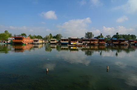 Srinagar, India - Jul 24, 2015. Floating hotels on Dal Lake at summer in Srinagar, India. Srinagar is the summer capital of the Indian state of Jammu and Kashmir.のeditorial素材