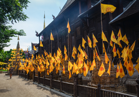Chiang Mai, Thailand - Jun 22, 2016. Thammachak flags at temple in Chiang Mai, Thailand. Most temples in Chiang Mai are of the Lanna style, dating between the 13th and 18th centuries.のeditorial素材