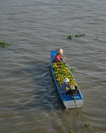 Can Tho, Vietnam - Feb 2, 2016. A motorboat running on Mekong River in Can Tho, Vietnam. The Mekong River is a river in the south-eastern part of the continent of Asia.のeditorial素材