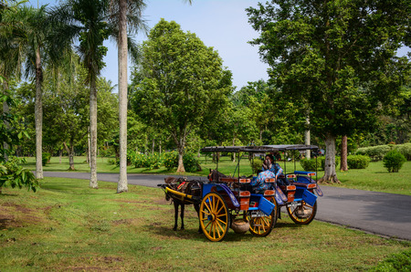 Java, Indonesia - Apr 15, 2016. Horse carts waiting at Borobudur Temple on Java, Indonesia. The Borobodur Complex is one of the greatest monuments in the world.のeditorial素材